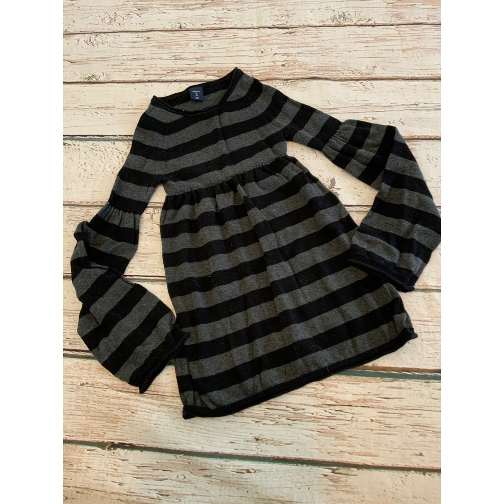 Gap Kids Girls Black Grey Striped Knit Bell Sleeve Sweater Dress Size M 8